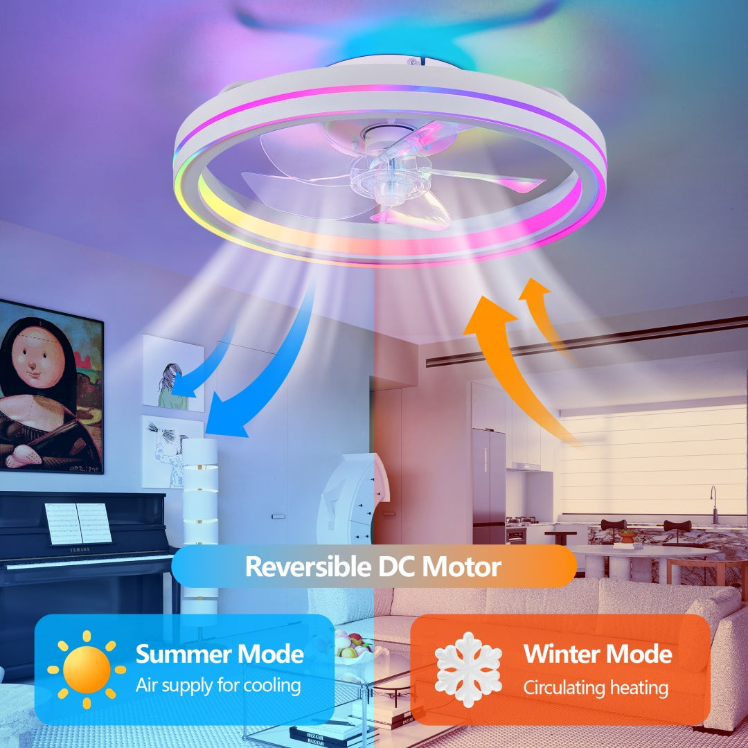 RGB Ceiling Fans With Lights, 19in Smart LED Ceiling Fan With Remote APP Control, Modern Low Profile Bladeless Chandelier Fan, Dimmable White Fandelier For Bedroom, Living Room, Kitchen
