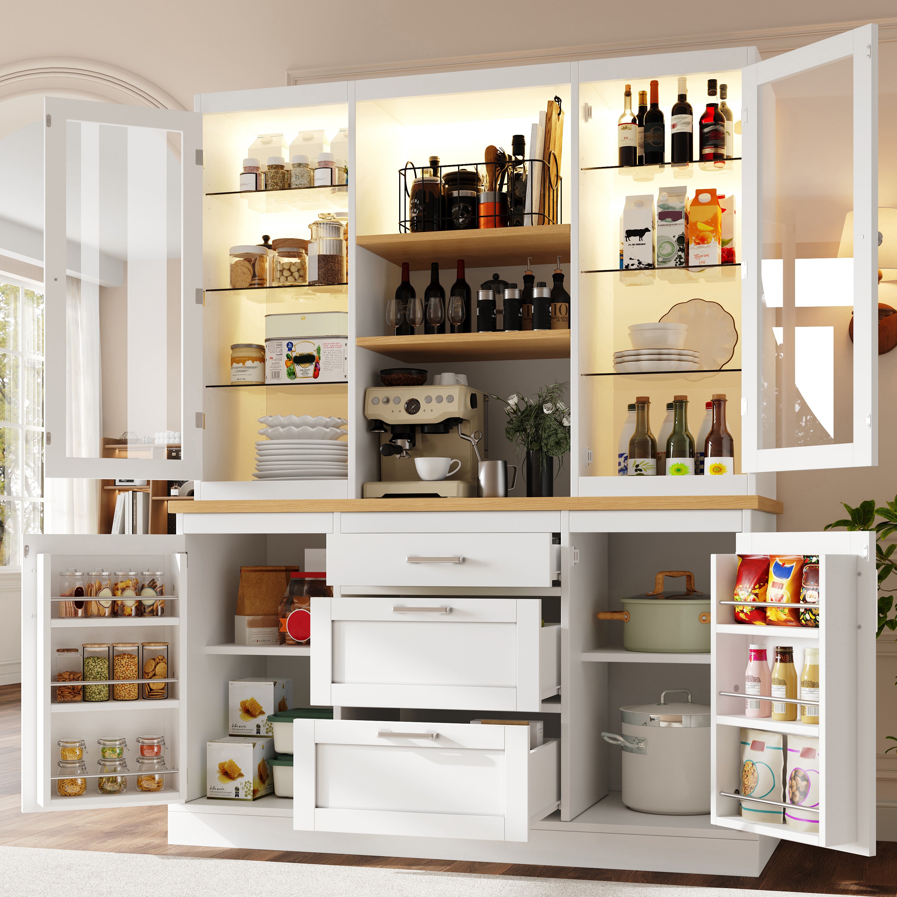 Kitchen Pantry Cabinet With App-Controlled LED Lights, 185cm Tall Storage Cabinet With Glass Doors, Drawers & Worktop, White