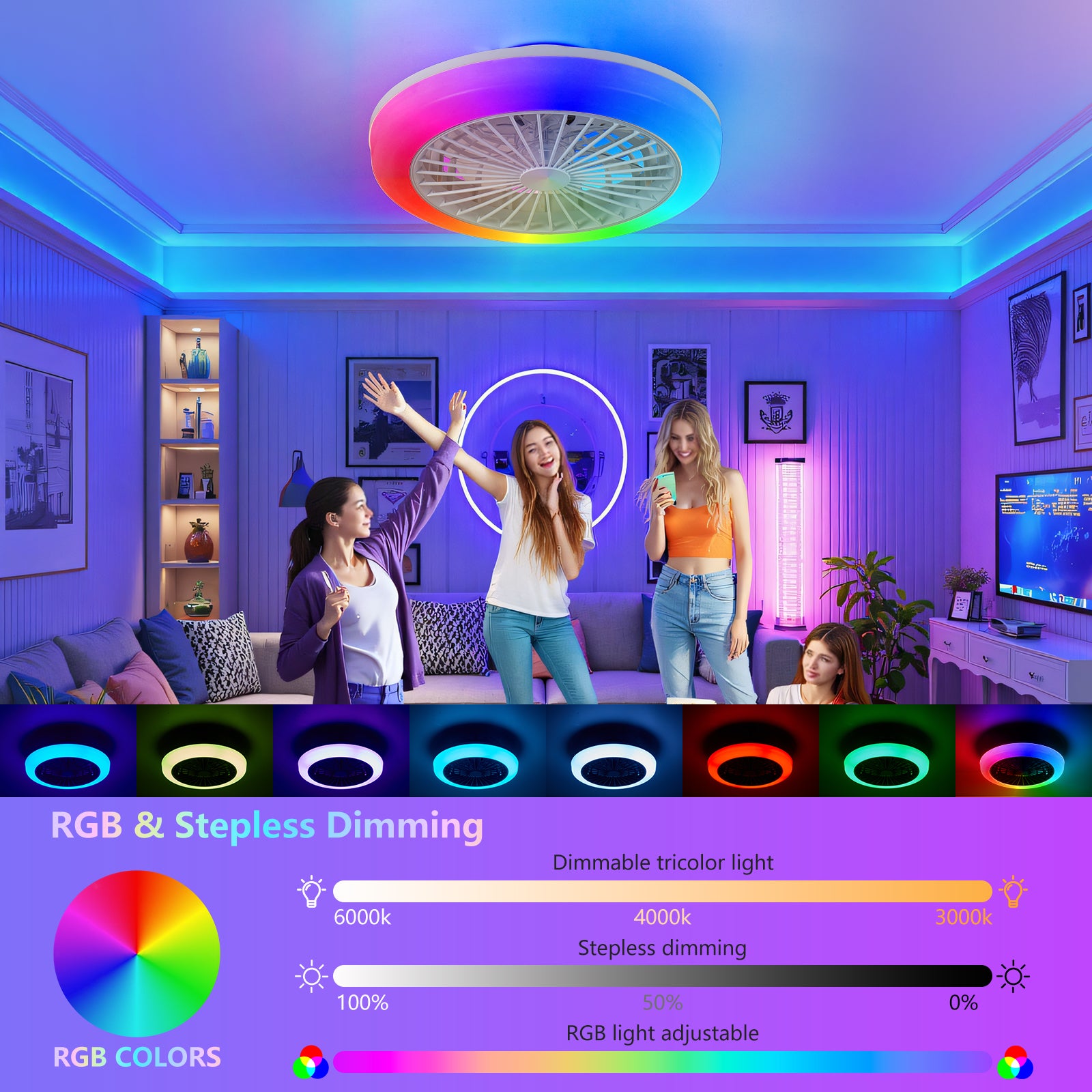 18 Inch Ceiling Fan With RGB Light Remote, Smart LED Ceiling Fans With Remote App Control, Modern Low Profile Dimmable Light Ceiling Fan For Bedroom Living Room White