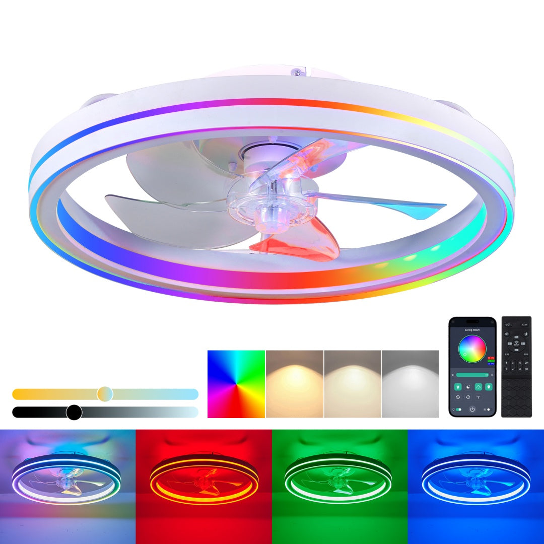 RGB Ceiling Fans With Lights, 19in Smart LED Ceiling Fan With Remote APP Control, Modern Low Profile Bladeless Chandelier Fan, Dimmable White Fandelier For Bedroom, Living Room, Kitchen