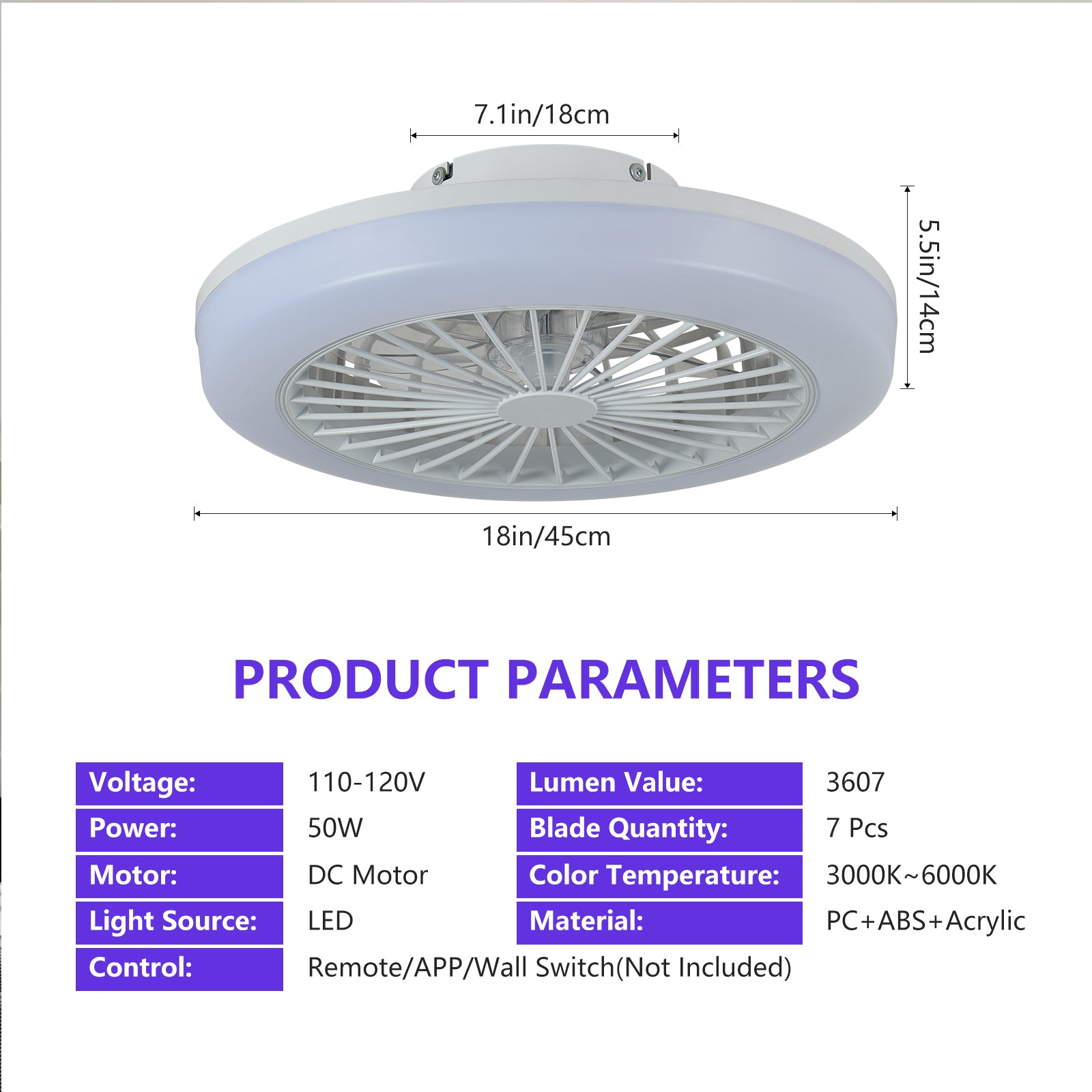 18 Inch Ceiling Fan With RGB Light Remote, Smart LED Ceiling Fans With Remote App Control, Modern Low Profile Dimmable Light Ceiling Fan For Bedroom Living Room White