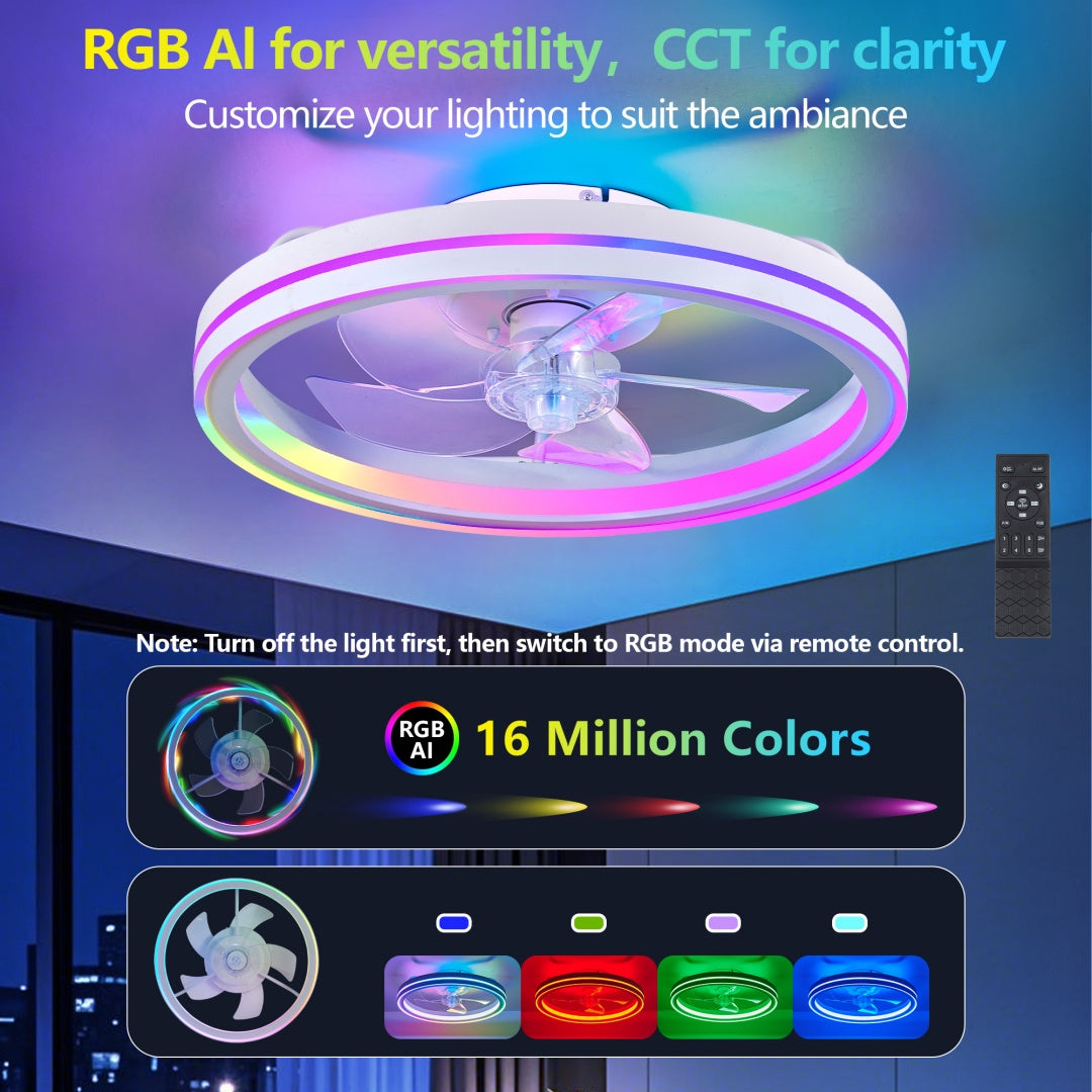 RGB Ceiling Fans With Lights, 19in Smart LED Ceiling Fan With Remote APP Control, Modern Low Profile Bladeless Chandelier Fan, Dimmable White Fandelier For Bedroom, Living Room, Kitchen